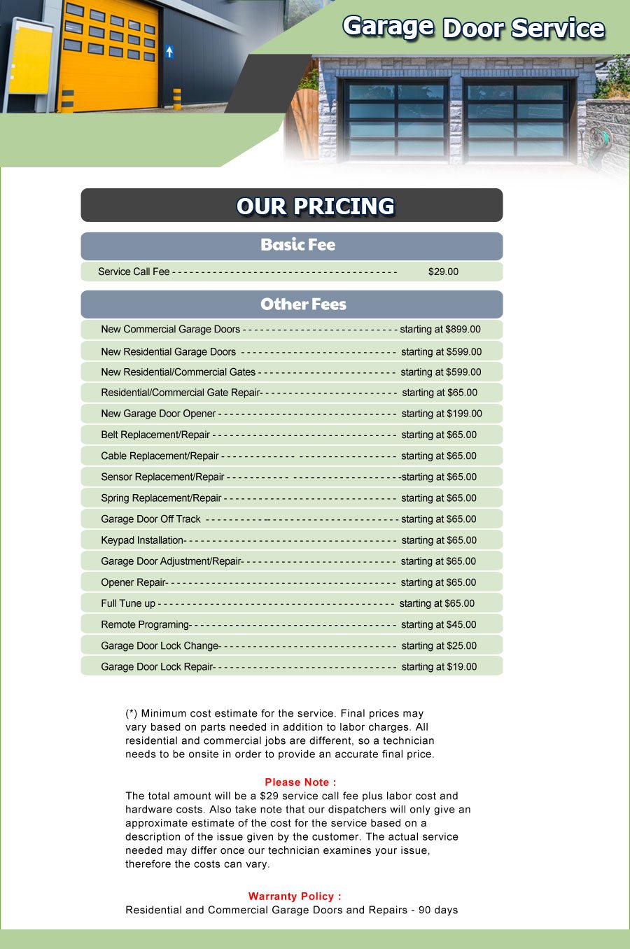 Price List Expert Garage Doors Repairs - Price List